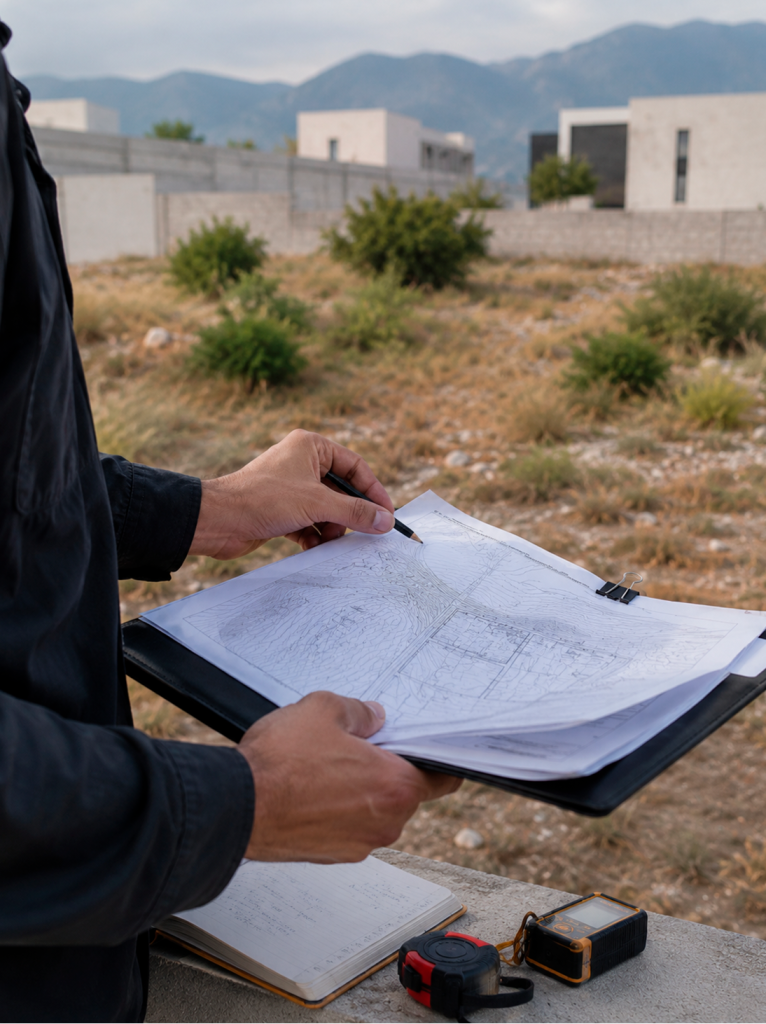 Arquitecto revisando planos y documentos en un terreno antes de diseñar