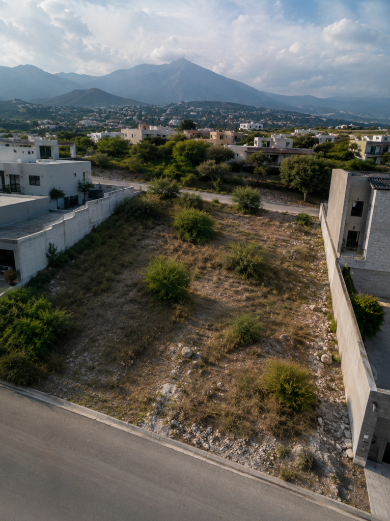 Terreno en pendiente entre muros de colindancia, con vista a las montañas