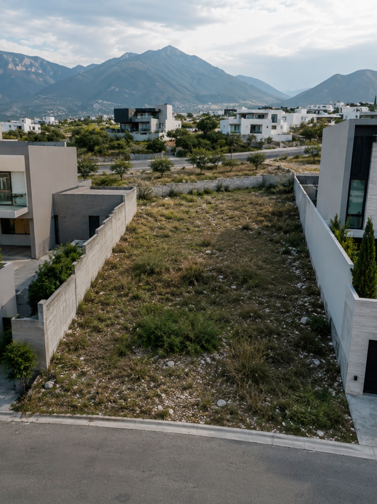 Terreno angosto con vegetación entre dos casas, visto desde la calle