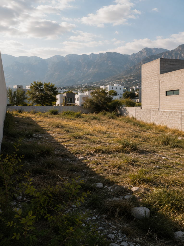 Terreno con vegetación junto a una casa contemporánea y vista a la sierra