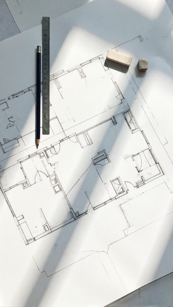 Plano arquitectónico de una planta esquemática con lápiz y escalímetro