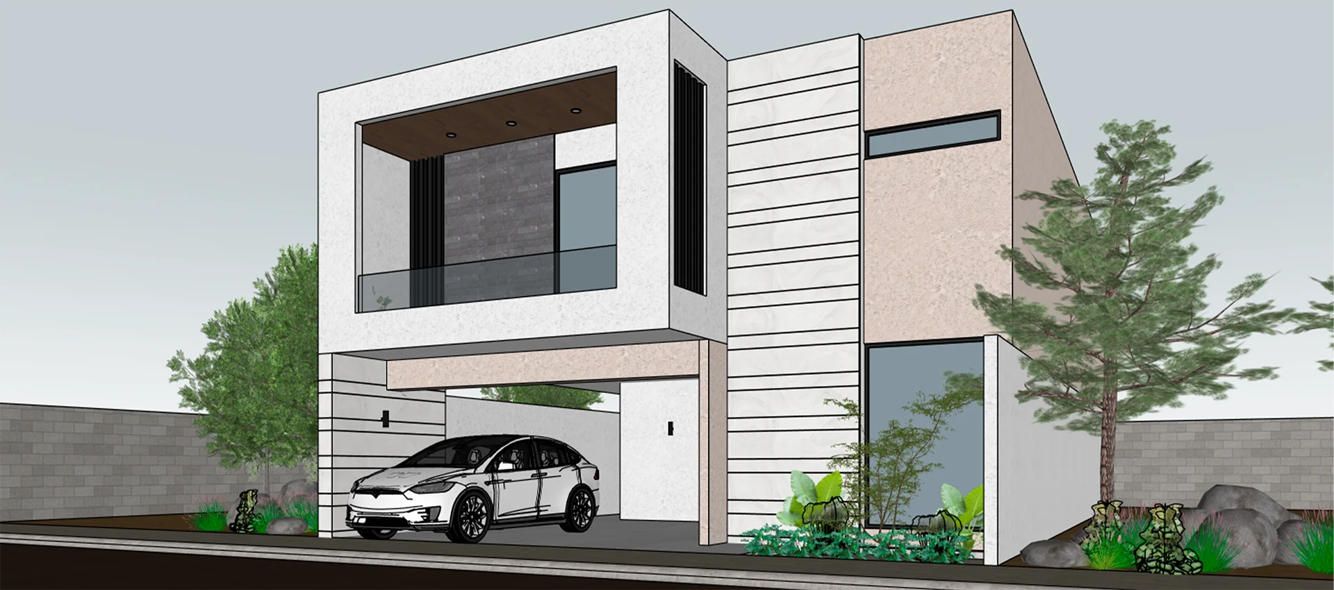 Render de casa de dos niveles con volumen blanco y lambrín de madera, asesoría conceptual de GGAD