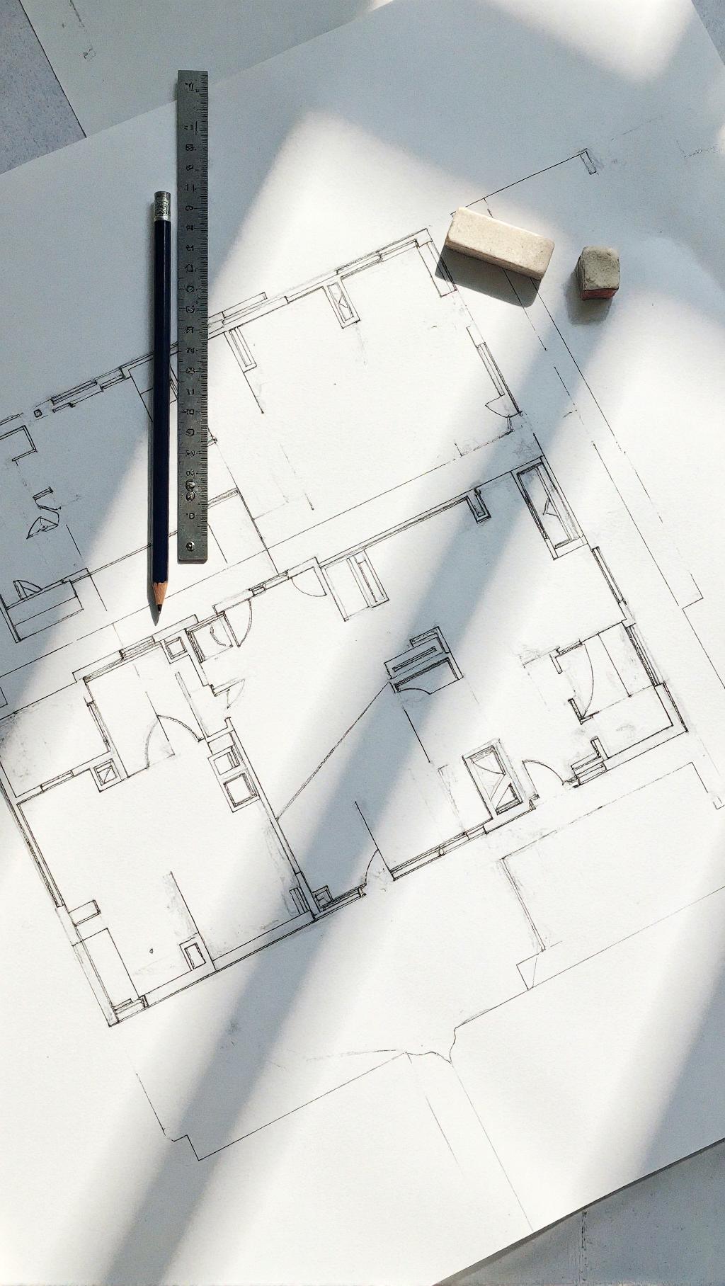 Plano arquitectónico de una planta esquemática con lápiz y escalímetro