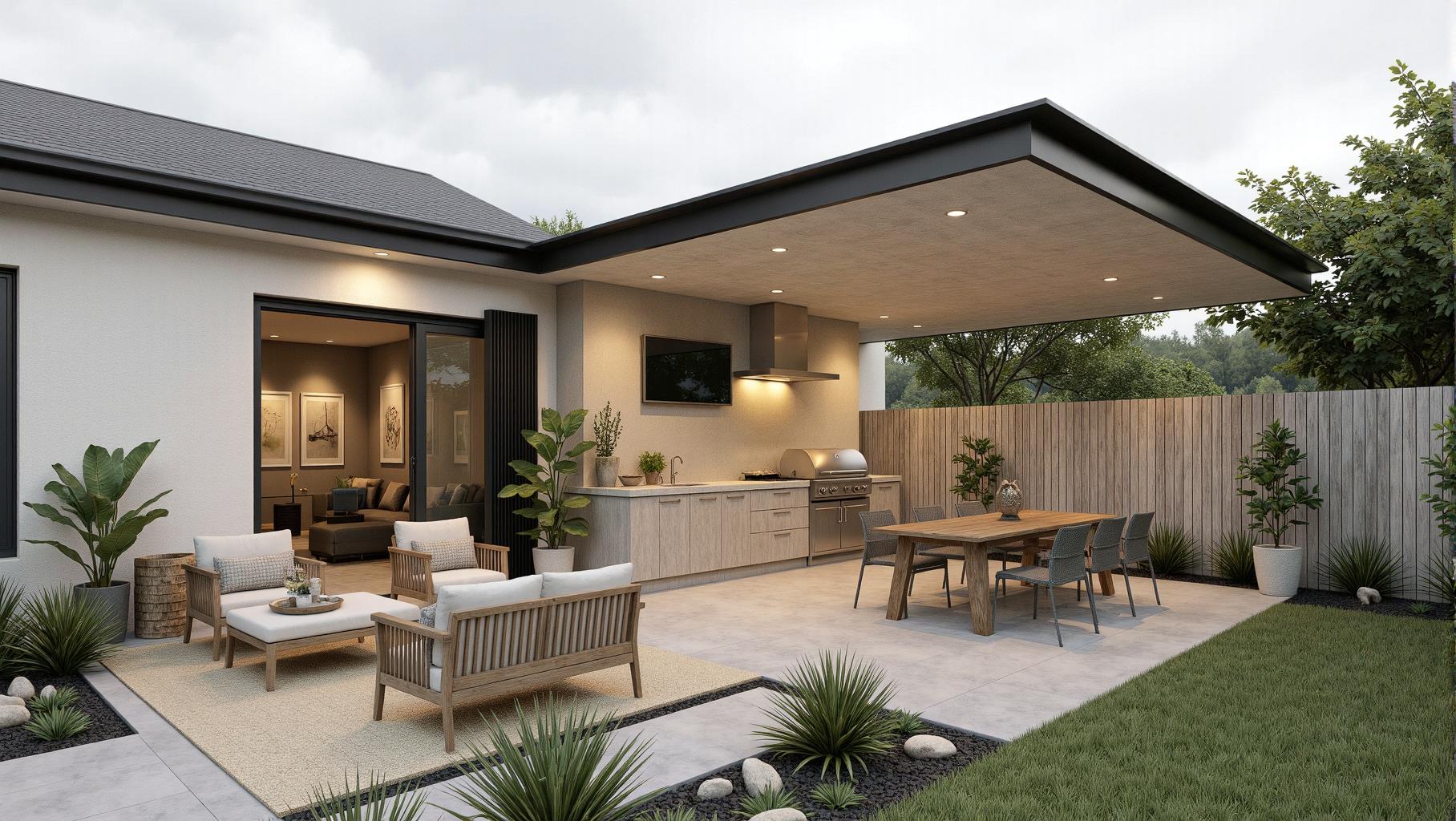 Terraza con pérgola, sala exterior y comedor en el jardín de una casa