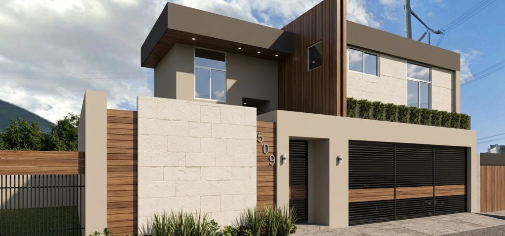 Fachada de casa de dos niveles con piedra, madera y cochera, proyecto arquitectónico residencial
