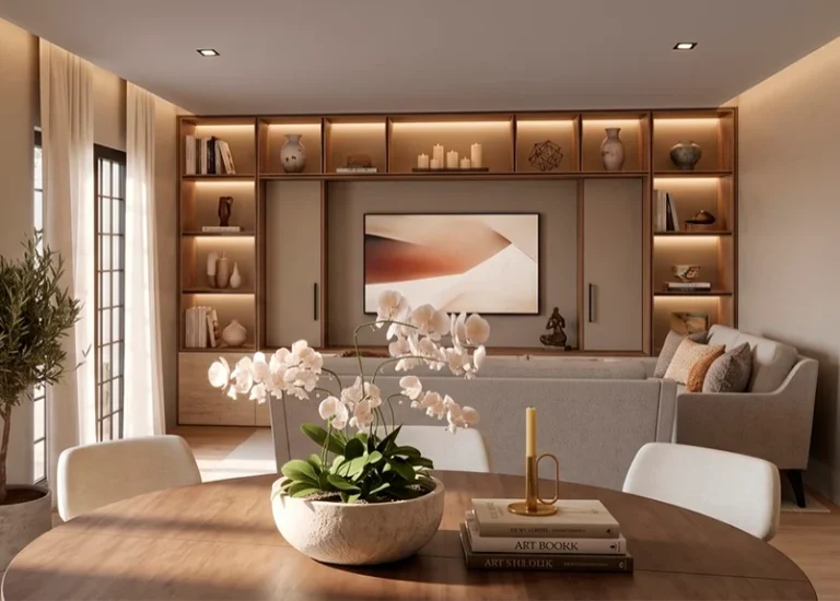 Sala y comedor con libreros iluminados y tonos cálidos, diseño de interiores de GGAD