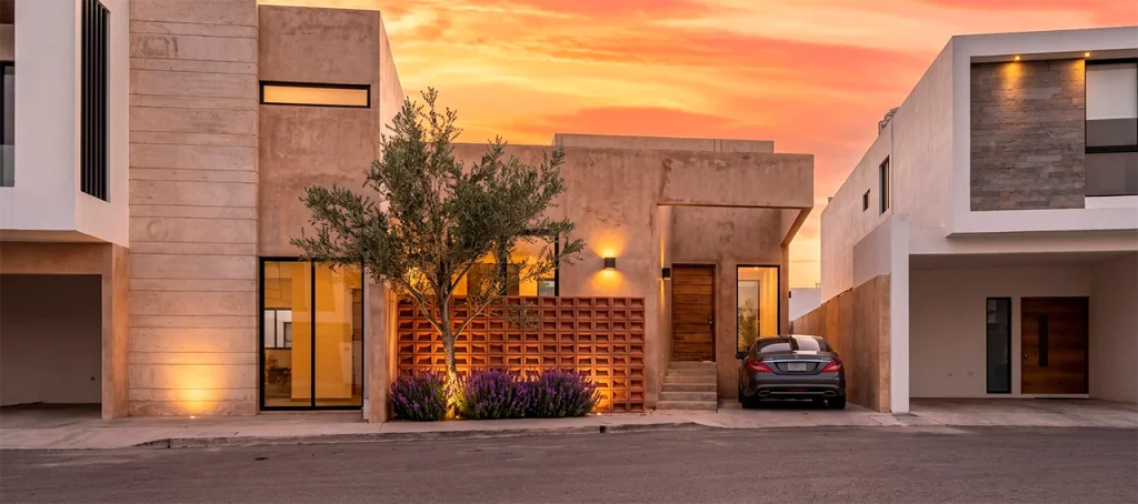 Fachada de casa residencial con piedra y celosía de madera al atardecer, diseño arquitectónico de GGAD