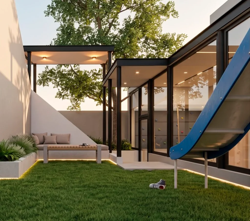 Casa contemporánea con pórtico de acero y vidrio abierto a un jardín, diseño arquitectónico de GGAD