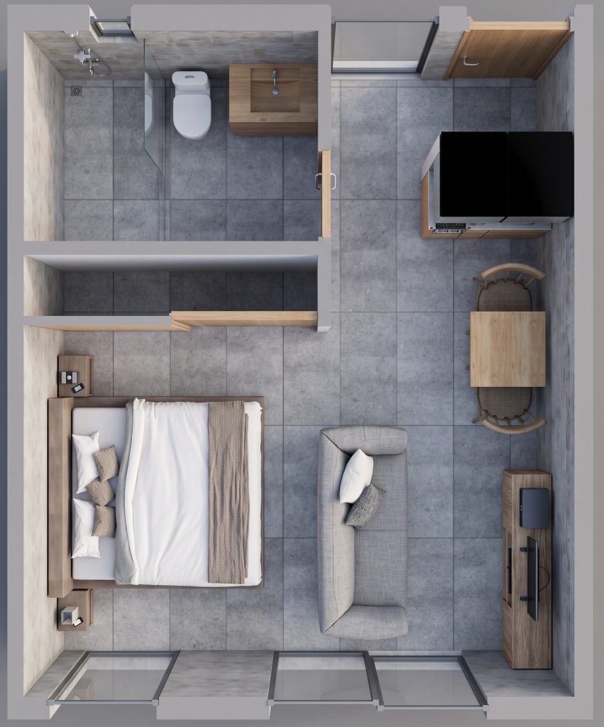 Planta amueblada en vista superior de un departamento con recámara, baño y estancia