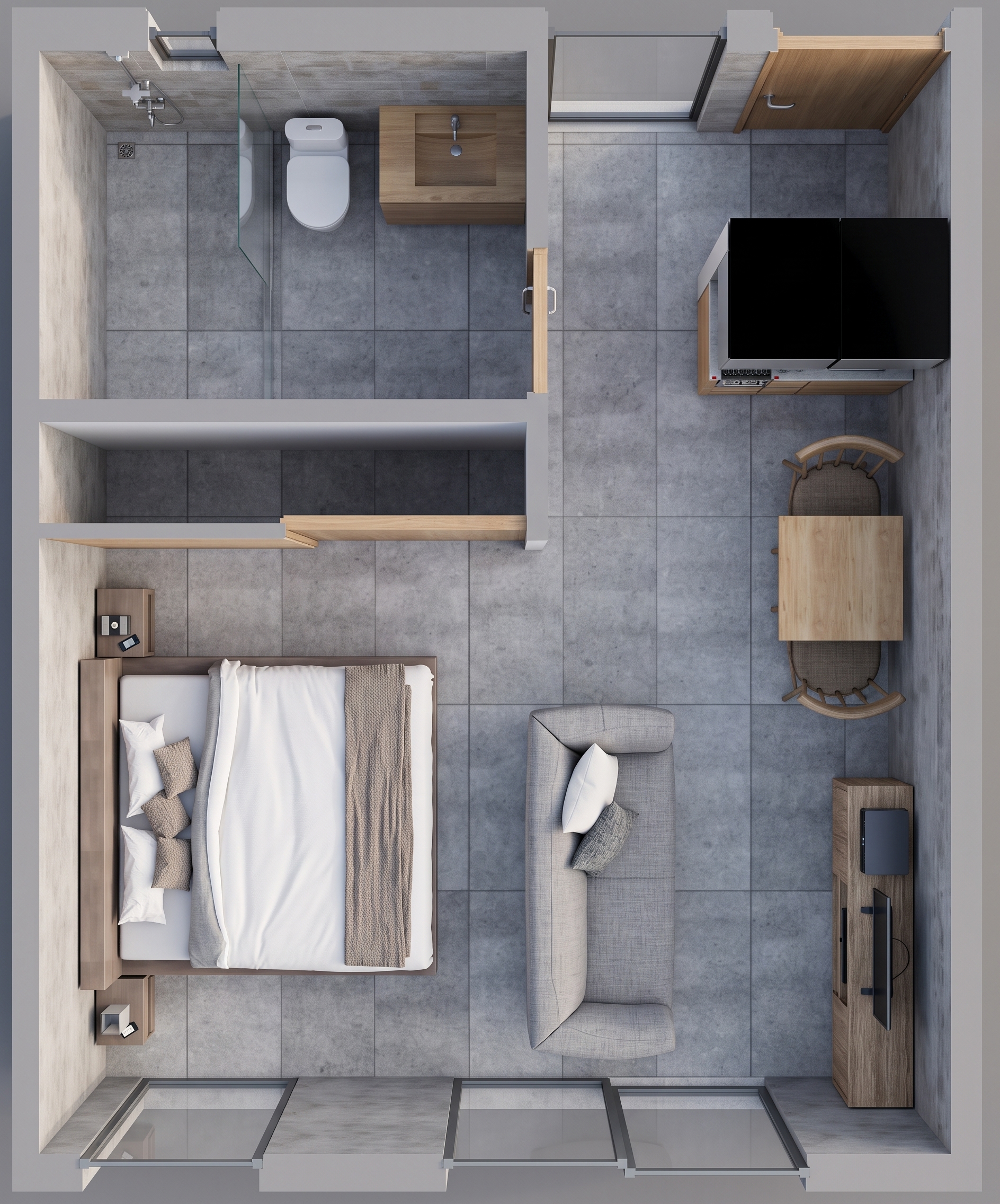 Planta amueblada en vista superior de un departamento con recámara, baño y estancia