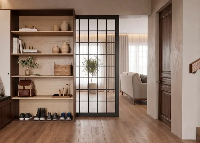 Vestíbulo con librero de madera y puerta de vidrio con herrería, diseño de interiores de GGAD