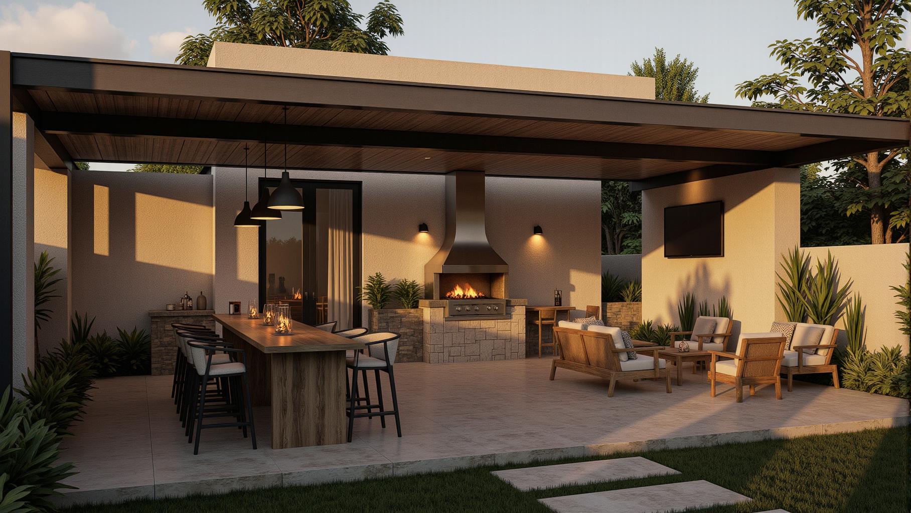 Terraza techada con cocina exterior, barra y sala junto al jardín