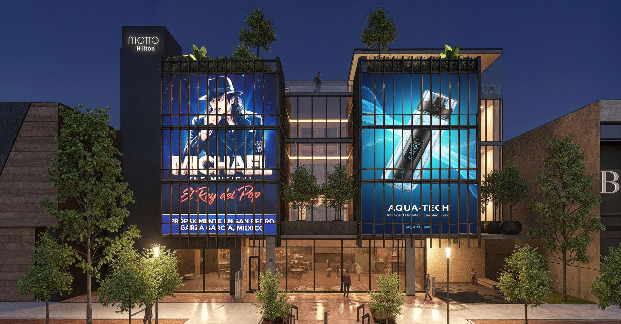 Plaza comercial de noche con fachadas iluminadas y anuncios