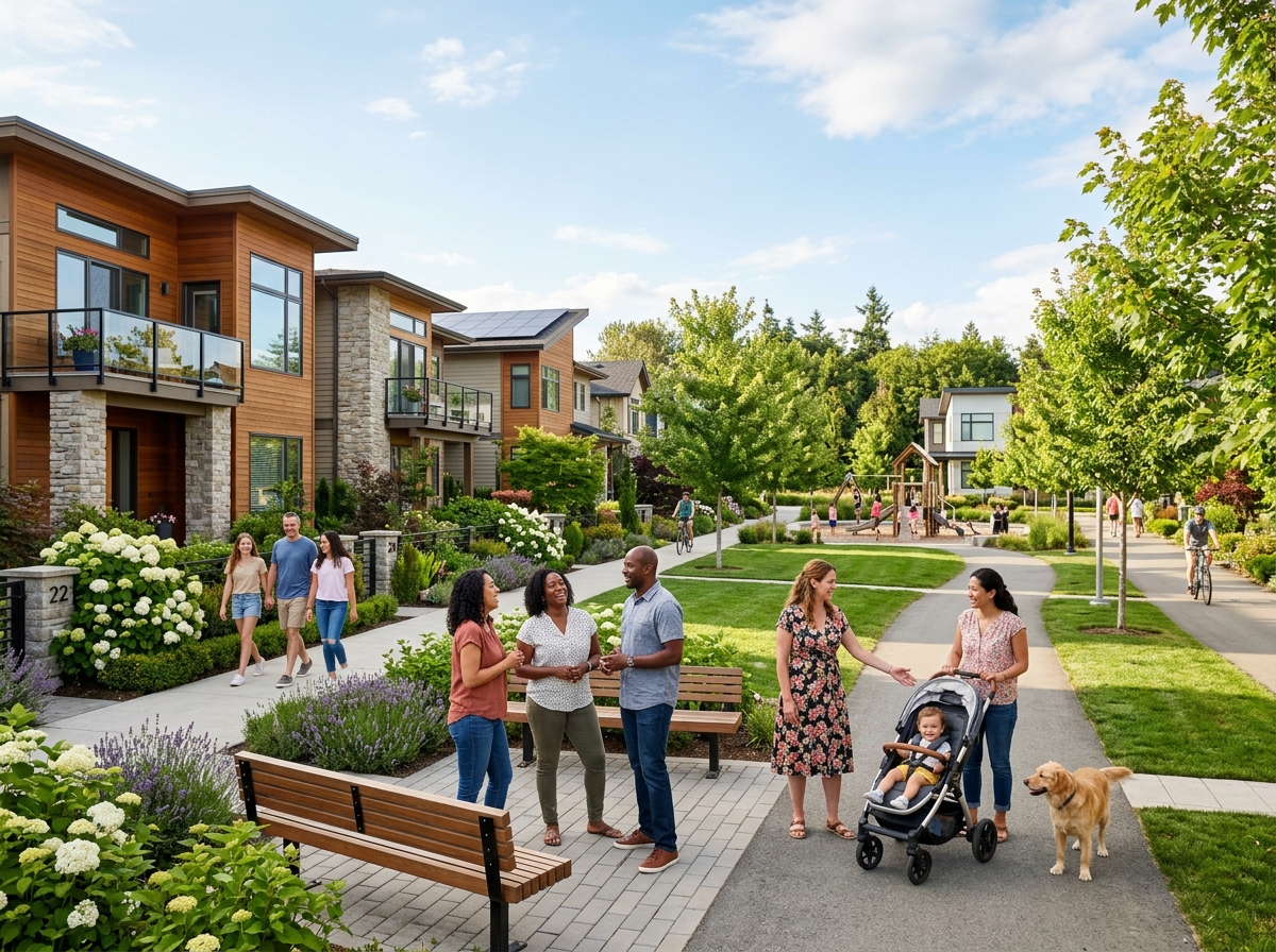 Conjunto residencial con andadores, jardines y familias caminando