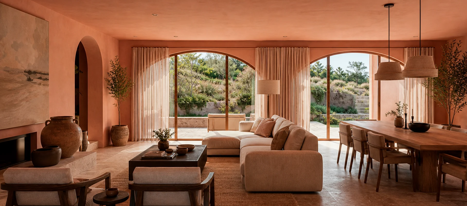 Sala y comedor con arcos y vista al jardín, proyecto residencial de GGAD
