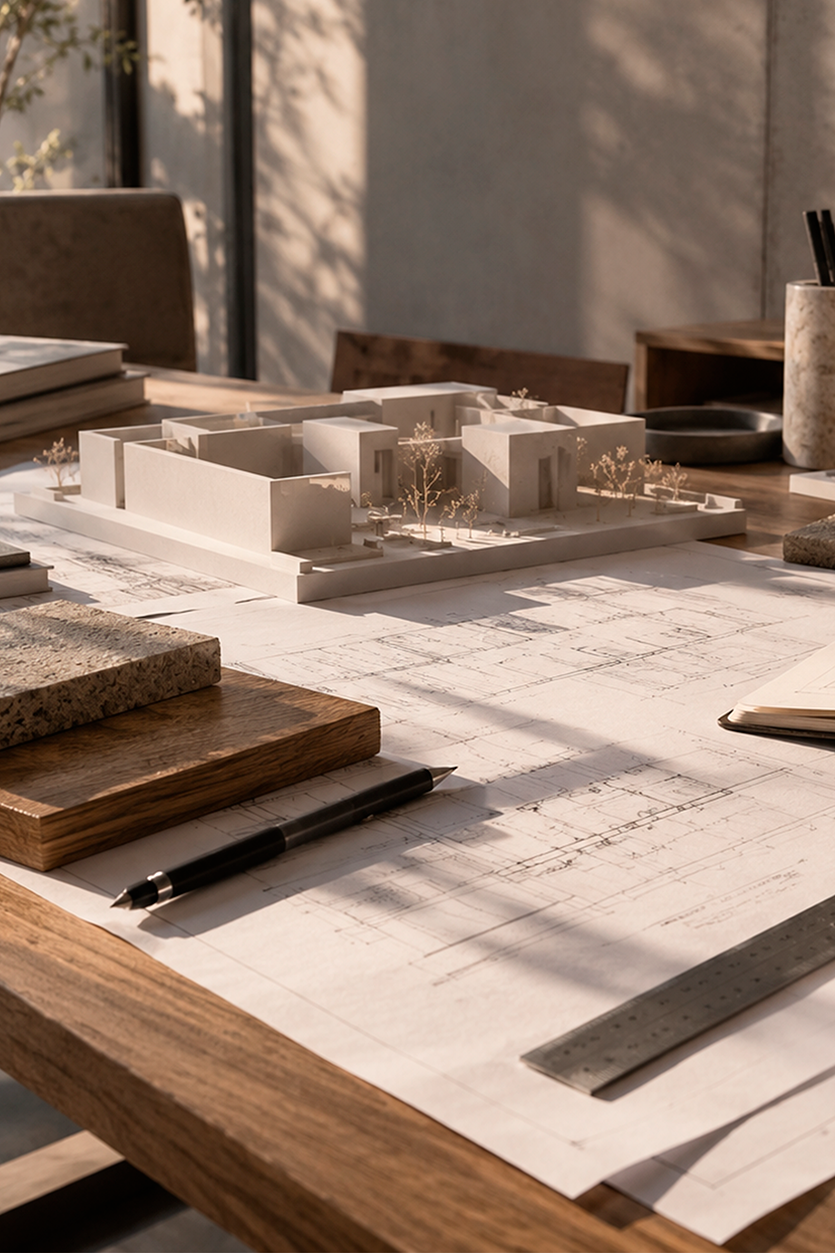 Planos, maqueta y muestras de materiales en el proceso de diseño de GGAD